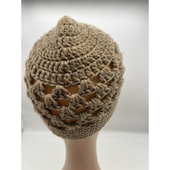 knit crochet open knit tan beige beanie cap hat X-Small Boho Hippie - Picture 4 of 7